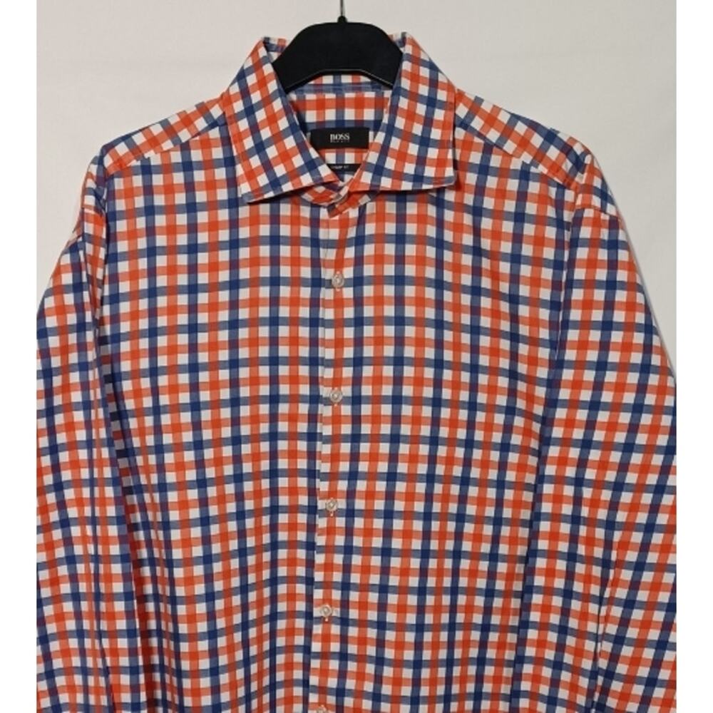 Boss Hugo Boss Men's Sharp Fit 17/L (34-35) Blue & Orange Long Sleeve Button Up